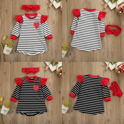 

US Toddler Baby Girl Kid Striped Love Skirt Headband Clothes Dress Tops 1-4Y Set