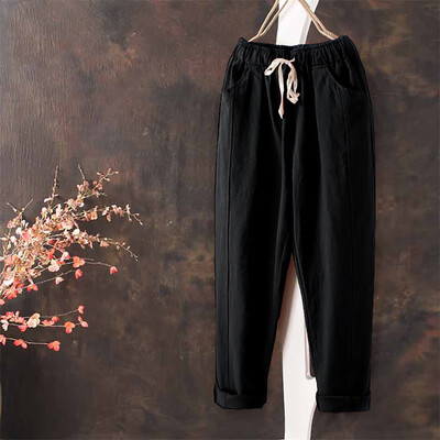 

Women Casual Pants Solid Elastic Mid Waist Pockets Ladies Long Loose Pants