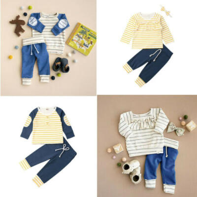 

Newborn Infant Baby Boys Girls Clothes Stripe T-shirt Top Pants Outfit Autumn