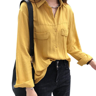 

Womens Long Sleeve Button Down Pockets Solid Turn Down Collar Loose Chic Blouse Casual Office Ladies Tops Female