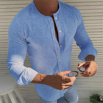 

Mens Long Sleeve Round Neck Loose Tops Button Down Solid Beach Summer Blouse