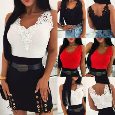 

Women Lace T-shirt Vest Camisole Sleeveless Slim V-Neck Tank Top Blouse Tee Tops