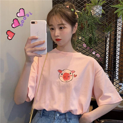 

Women Print T Shirt Summer Old Women Cotton O-neck Short Sleeve Tops For Women Kawaii Tshirt funny pig