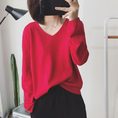 

Womens solid color sweater deep V-neck top stretch cotton tight bottoming long-sleeved knitwear code