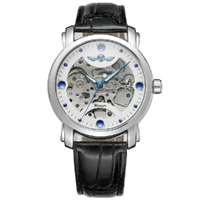 

Winner 005 Business Men Mechanical Watch Time Display Fashion Casual Stainless Steel Leather Strap Bracelet 3ATM Waterproof Self-W