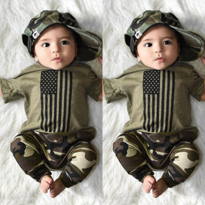 

US 2PCS Newborn Kids Baby Boy Summer Clothes USA Flag T-Shirt Camo Pants Outfits