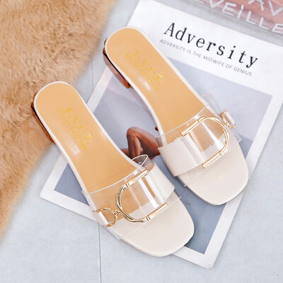 

Slippers for women wearing Korean version of transparent flat-soled buckle one-word slippers ChCI retro sandals in summer