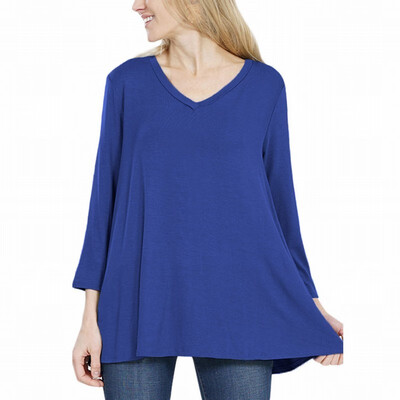 

Womens T-shirt autumn long-sleeved solid color V-neck back button decorative loose top