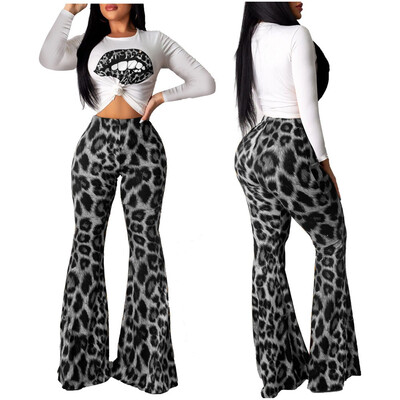 

Women New Skinny Flare Leopard Print Bell Bottom High Waist Long Pants Trousers
