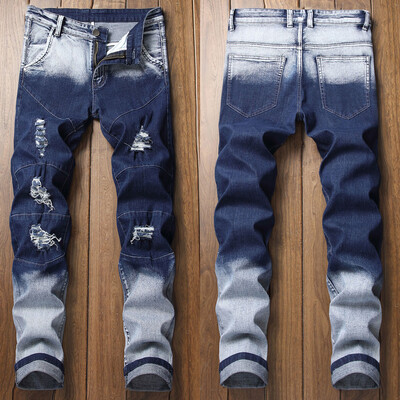 

Gobestart Mens Fashion Slim Fit Personality Stretch Hole Gradient Jeans