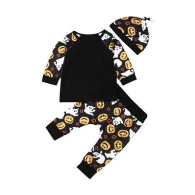 

3PCs Halloween Toddler Baby Boys Pumpkin Tops &Long Pants &Hats Outfit Clothes