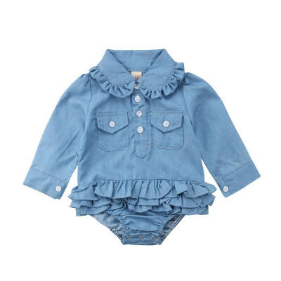 

Cute Newborn Baby Girl Layers Ruffle Bodysuit Romper Jumpsuit Denim Kids Clothes