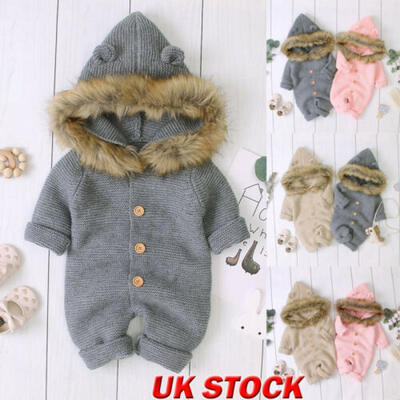 

Winter Warm Newborn Baby Boy Girl Knit Hooded Romper Jumpsuit Outfits Clothes UK