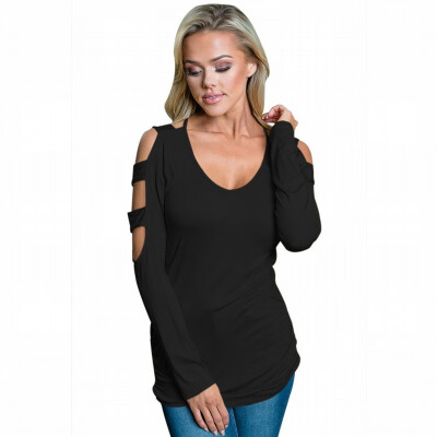 

Solid color V-neck long-sleeved open shoulder blouse casual top