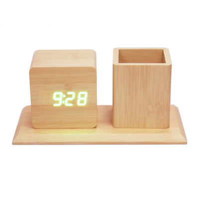 

Voice-activated Wooden Alarm Clock with Pen Container