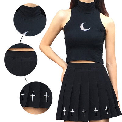 

2PCS Women Gothic Punk Moon Tutleneck Sleeveless Crop Top Mini Dress Shirt Set