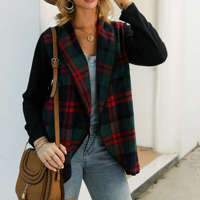 

Womens Plaid Loose Coat Long Sleeved Checked Cardigan Open Front Jacket Tops