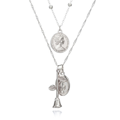 

Vintage Gold Rose Flower Mary Pendant Multilayers Necklaces Clavicle Chain For Women Girl Floral Layered Necklace Bohemia Jewelry