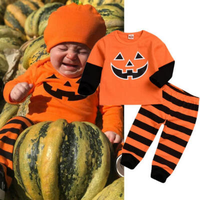 

UK Halloween Toddler Baby Boy Pumpkin Tops Striped Pant Outfit 2Pcs Sets Clothes