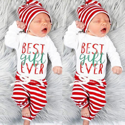 

Christmas Newborn Baby Boys Girls Outfit Romper Top Striped Long PantsHat Clothes Set