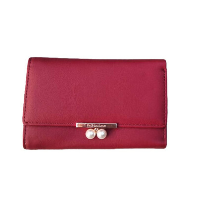 

Women Solid Color Faux Pearl Trifold Wallet Faux Leather Purse Card Cash Holder