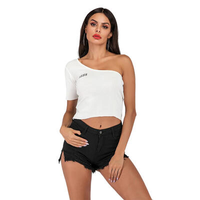 

Off Shoulder Short Sleeve T-Shirt Women Oblique Collar Sexy Knit Crop Tops