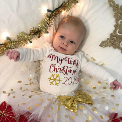 

3PCS My 1st Christmas Baby Girl Newborn Xmas Clothes RomperTutu Skirt Outfits
