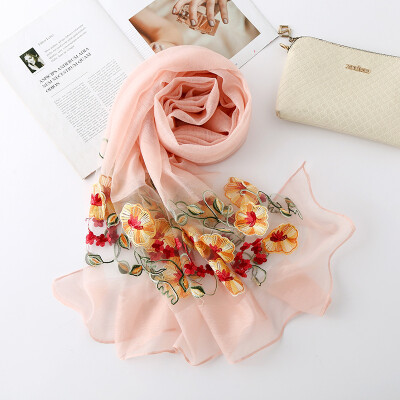 

New solid color simulation silk morning glory embroidered sunscreen scarf female fashion wild flower embroidery scarf female wholesale
