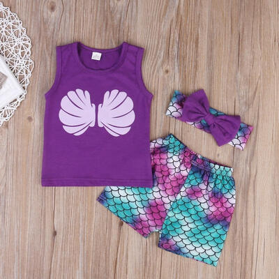 

0-3Y Toddler Newborn Baby Girls Outfit 3PCS Mermaid Vest TopShortsHeadband Costumes Clothes
