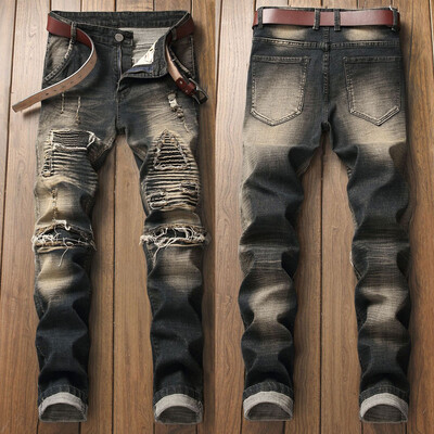 

Gobestart Mens New Fashion Personality Ripped Slim Fit Zipper Stretch Denim Trousers