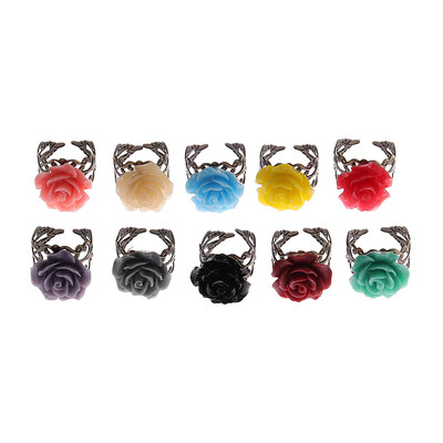 

New Arrival Colorful Resin Rose Hollow Out Flower Ring Opening Resizable Finger Ring Vintage Jewelry For Women