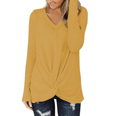 

Fashion Women Sweatshirt Loose T-shirt Waffle V Neck Long Sleeves Twisted Front Solid Spring Autumn Casual Tees Casual Tops