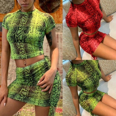 

New Womens Mini Skirt Crop Top 2 Piece Set Dress Ladies Bodycon Co ord Snake USA