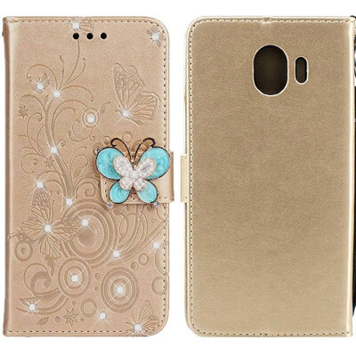 

MOONCASE Samsung Galaxy J4 Butterfly Rhinestone Embossed Leather Case - Gold