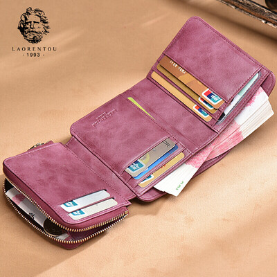 

Old man head LAORENTOU ladies wallet top layer cowhide European&American fashion retro card package card holder tri-fold short coin purse female JD205266J0ZY02L1R purple