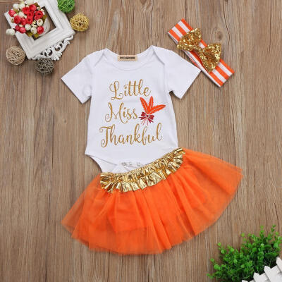 

3PCS Newborn Baby Little Girl Romper Tutu DressHeadband Thanksgiving Outfits