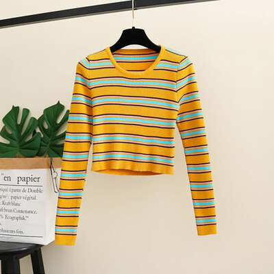 

Womens Knitted Sweater Autumn Stripe Slim Pullover Ladies Korean Slim Winter Bottoming Knitwear Vintage Jumper Pull Femme