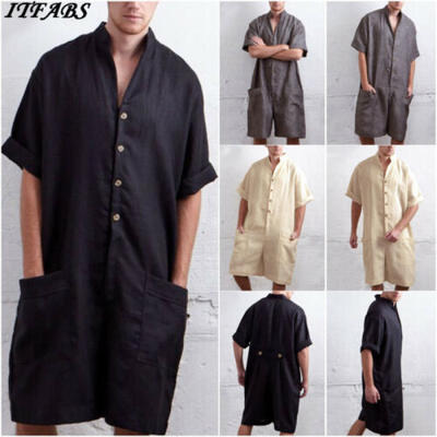 

US Mens Loose Solid Short Sleeve Leisure linen Overall Long Jumpsuit Trousers