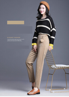 

Short-leg woollen harem pants for women fall&winter 2018 new Korean version of extra thick high waist show thin casual pants