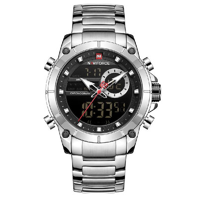 

NAVIFORCE Stainless Steel Band Quartz Electronic Wristwatch Professional 3ATM Water Resistant GMT Time Multifunctional Luminous Do