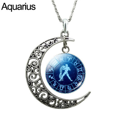 

Unisex Augury Jewelry 12 Constellations Hollow Crescent Moon Faux Gem Necklace