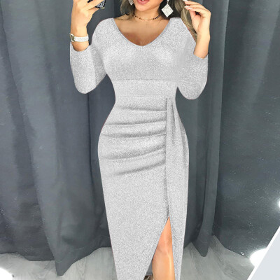 

Tailored Women Fashion V-Neck High Slit Bodycon Dress Long Sleeve Party Dresses