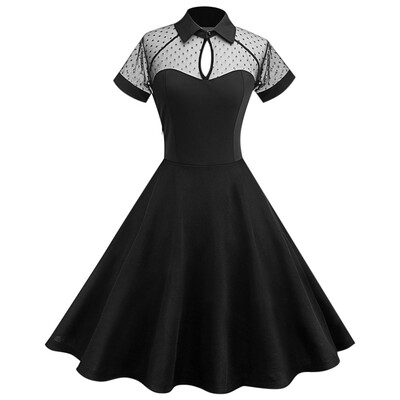 

Turn-down Collar Short Sleeve Keyhole Spliced Mesh Dot Print A-line Women Dress