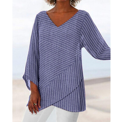 

Women Casual Loose Cotton Linen Striped Long Sleeve Long Shirt Blouse Tunic Tops