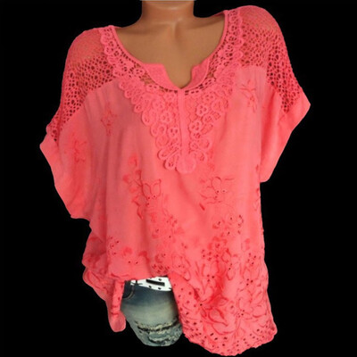

Women V-Neck Short Sleeve Hollow Out Casual Blouse Loose Tops Summer T-Shirt