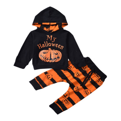 

US Toddler Baby Girl Boy Halloween Clothes Hooded Tops Stripe Long Pants Outfits