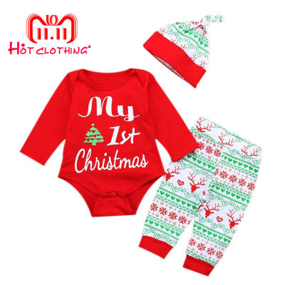 

3PCS Xmas My 1st Christmas Baby Girls Boys Romper Clothes Sets Long Sleeve Bodysuit Long Pants Hat Children Outfits Set