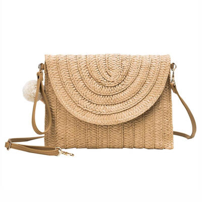 

Solid Color Clutch Women Shoulder Messenger Flap Woven Pompon Pendant Bags