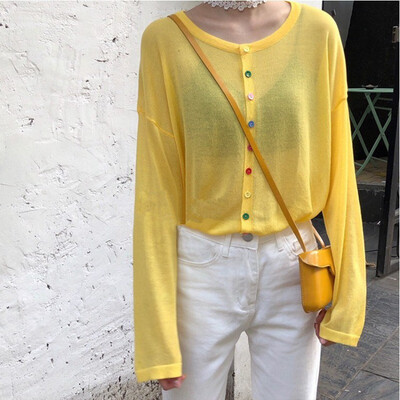 

Women Summer Knitted Round Collar Button Long Sleeve Casual Knit Pullover Loose Solid Color Tops Fashion
