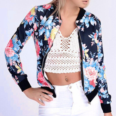 

Toponeto Womens Ladies Flower FLoral Print Zipper Up Bomber Jacket